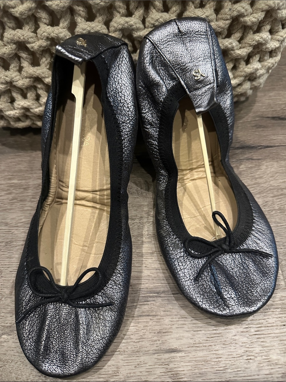 Yosi Samra Metallic Black Ballet Flats with Bow - Women